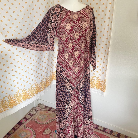 Vintage 1970s Kaiser Boho Maxi Dress | OSFA Cotton Block Print Caftan - Picture 1 of 7